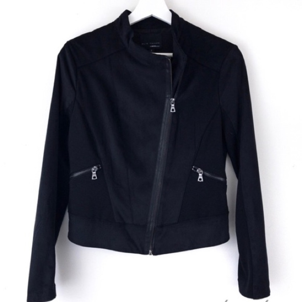 Tahari Black Faux Suede Leather Trim Jacket
